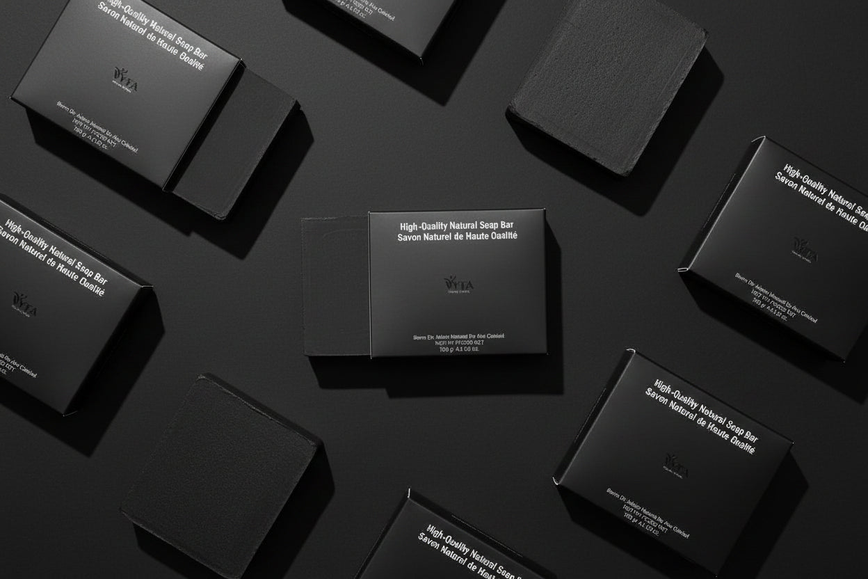 Black soap bar with packaging labeled 'High-Quality Natural Soap Bar' by VYTA on a white background.